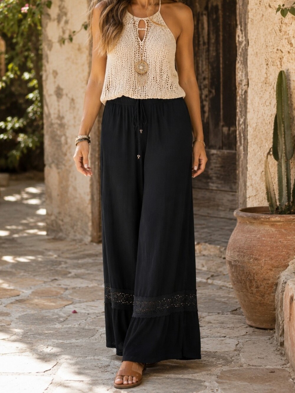 Band Of Gypsies Black Boho Wide Leg Pants Lace Trim Rayon Festival Western